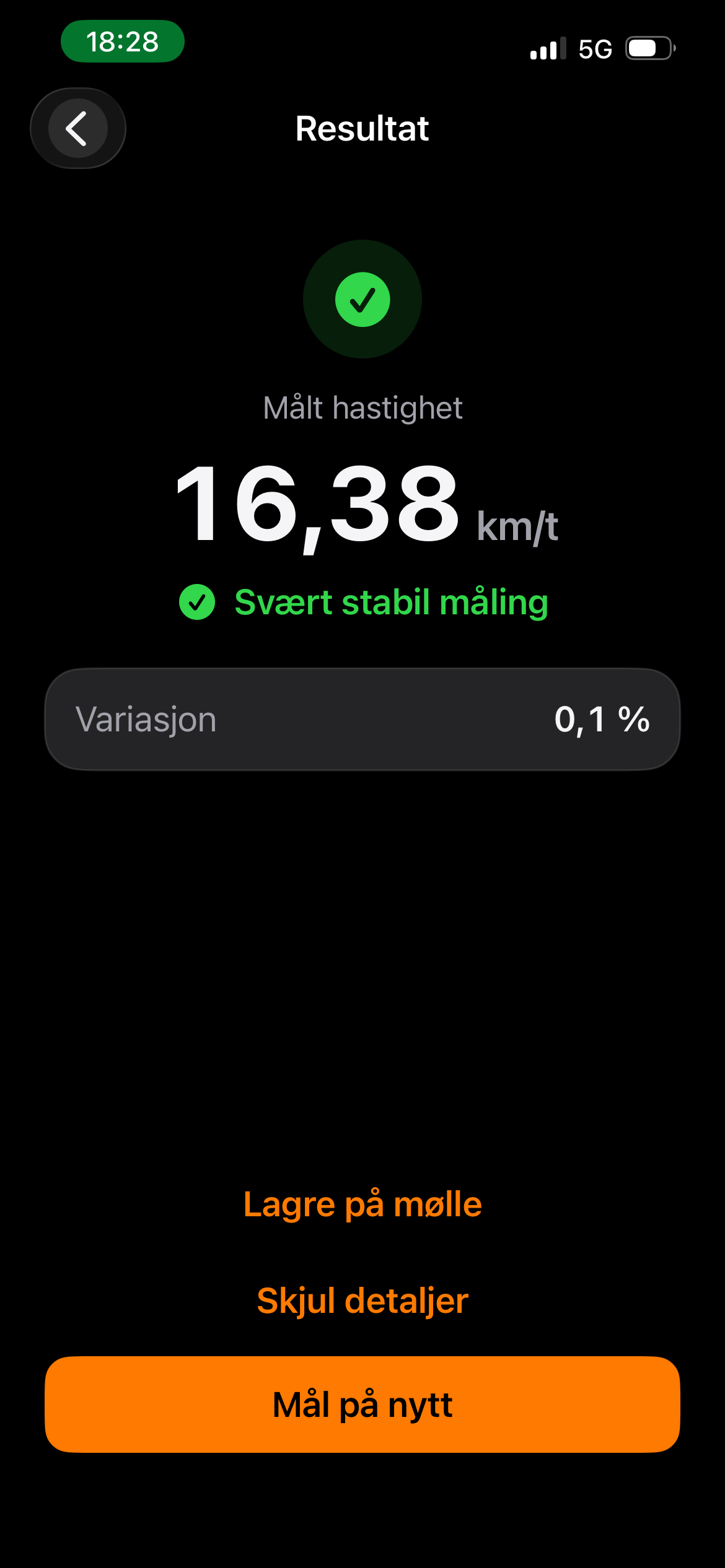Måleresultat fra en betatest ved innstilt fart 18 km/t: målt båndhastighet 16,38 km/t og variasjon på 0,1 prosent.