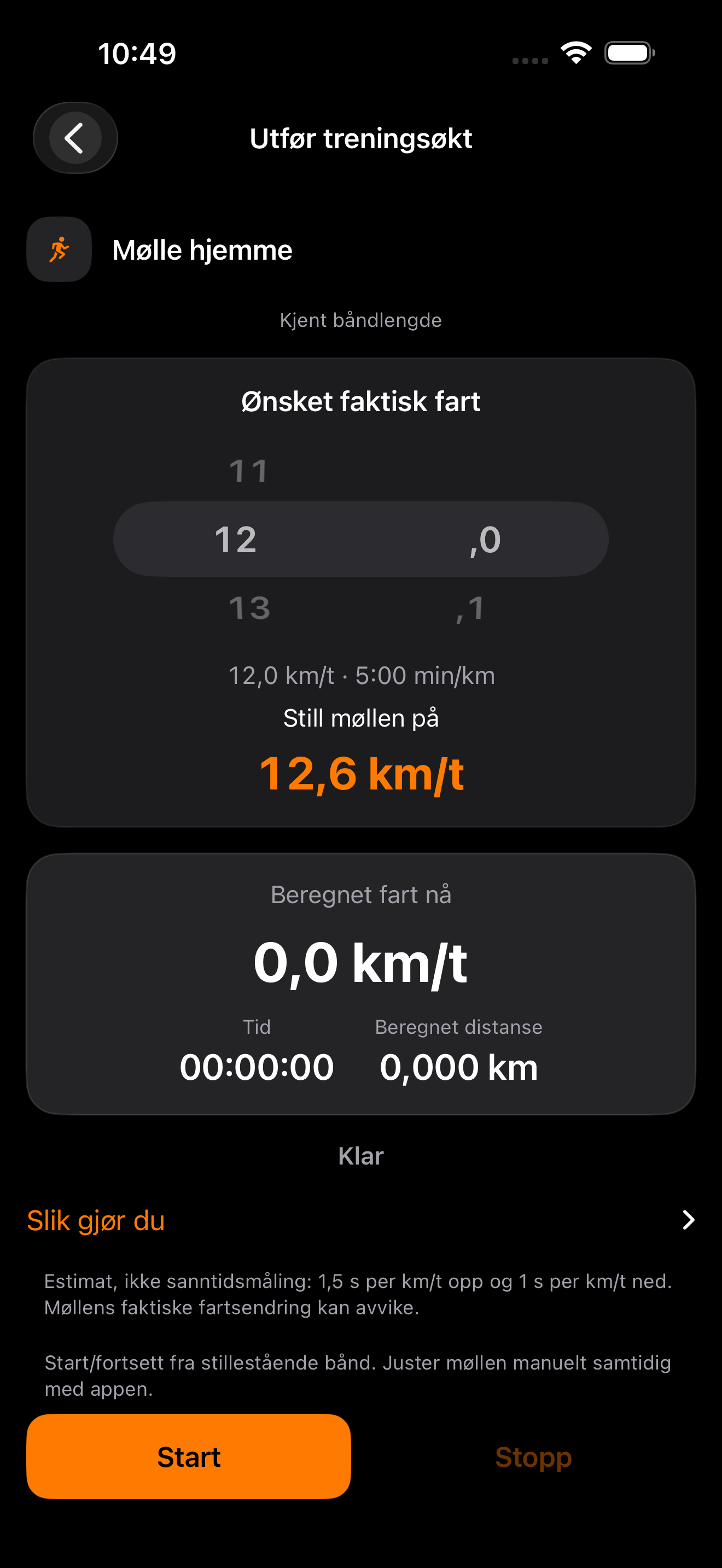 Øktmodus i TreadSpeed: ønsket fart 12,0 km/t, anbefalt mølleinnstilling 12,6 km/t, med tid og beregnet distanse.
